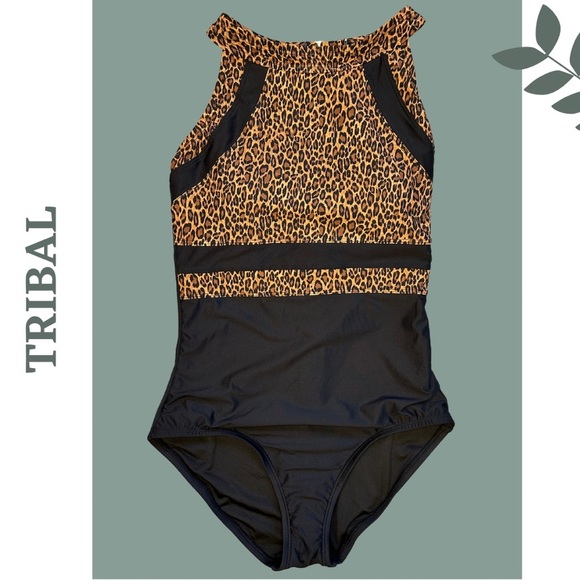 Tribal  Standard Halter One-Piece Swimsuit Leopard Print Black Brown Small - Picture 2 of 4